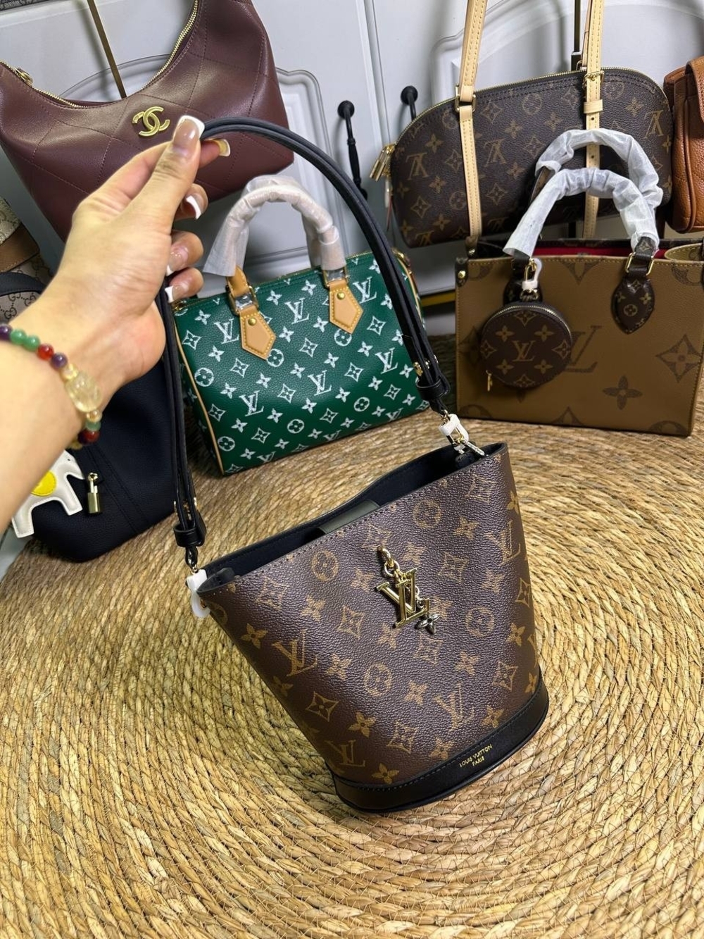 Louis Vuitton Brown Monogram Canvas Petite Bucket Shoulder Bag with Black Trim